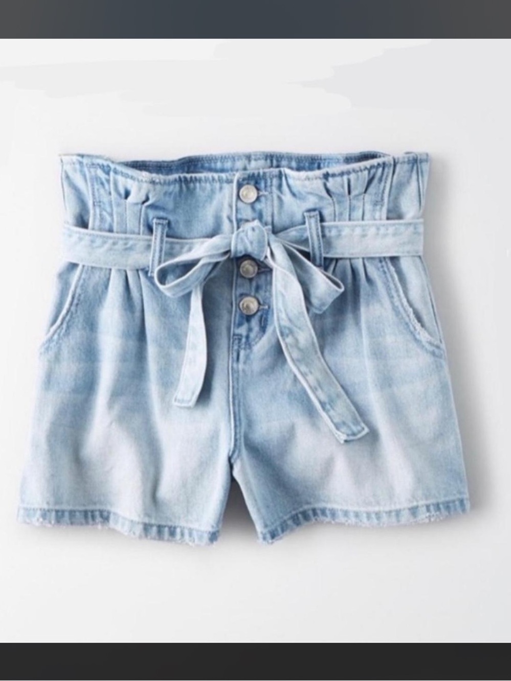 American Eagle Outfitters Light Blue High-Waist Paperbag Denim Shorts with Tie